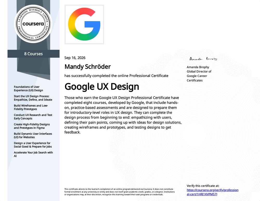 Google UX Design Professional Certificate - verifiziertes Zertifikat, extern verlinkt